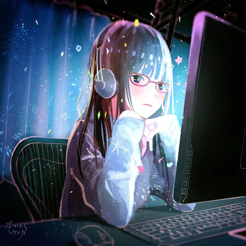 Anime girl with long hair and glasses wears headphones and a sweater while sitting at a keyboard in a softly lit, starry room.