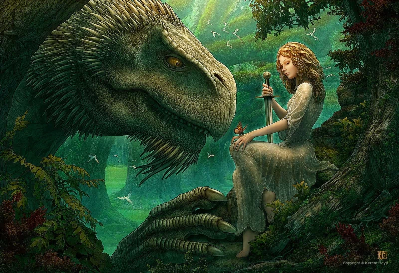 A woman in a flowing dress sits against a tree in a vibrant jungle, sword in hand, as a friendly dinosaur watches curiously, creating a captivating blend of fantasy and nature.