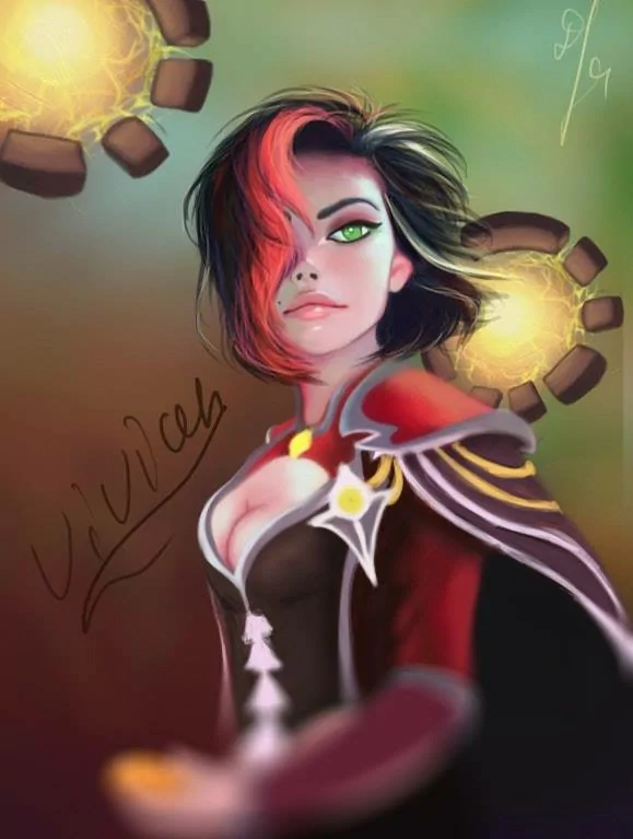 Digital portrait of a Paladins video game character: a confident female caster with red-and-black hair, green eyes, red-and-gold armor and floating glowing magic orbs.