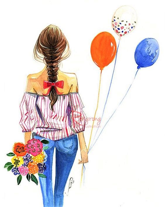 Girl with Balloons and Flowers