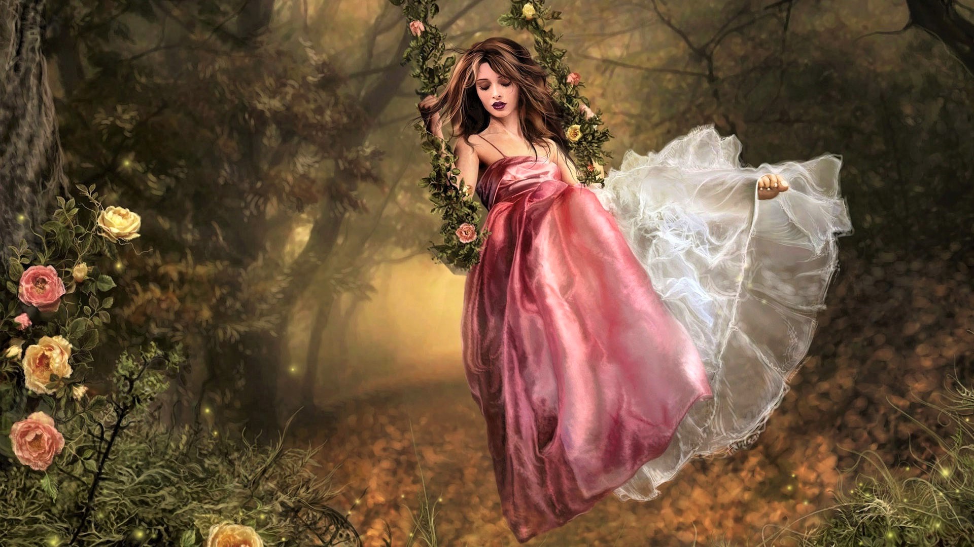 Girl on Rose Swing in Forest