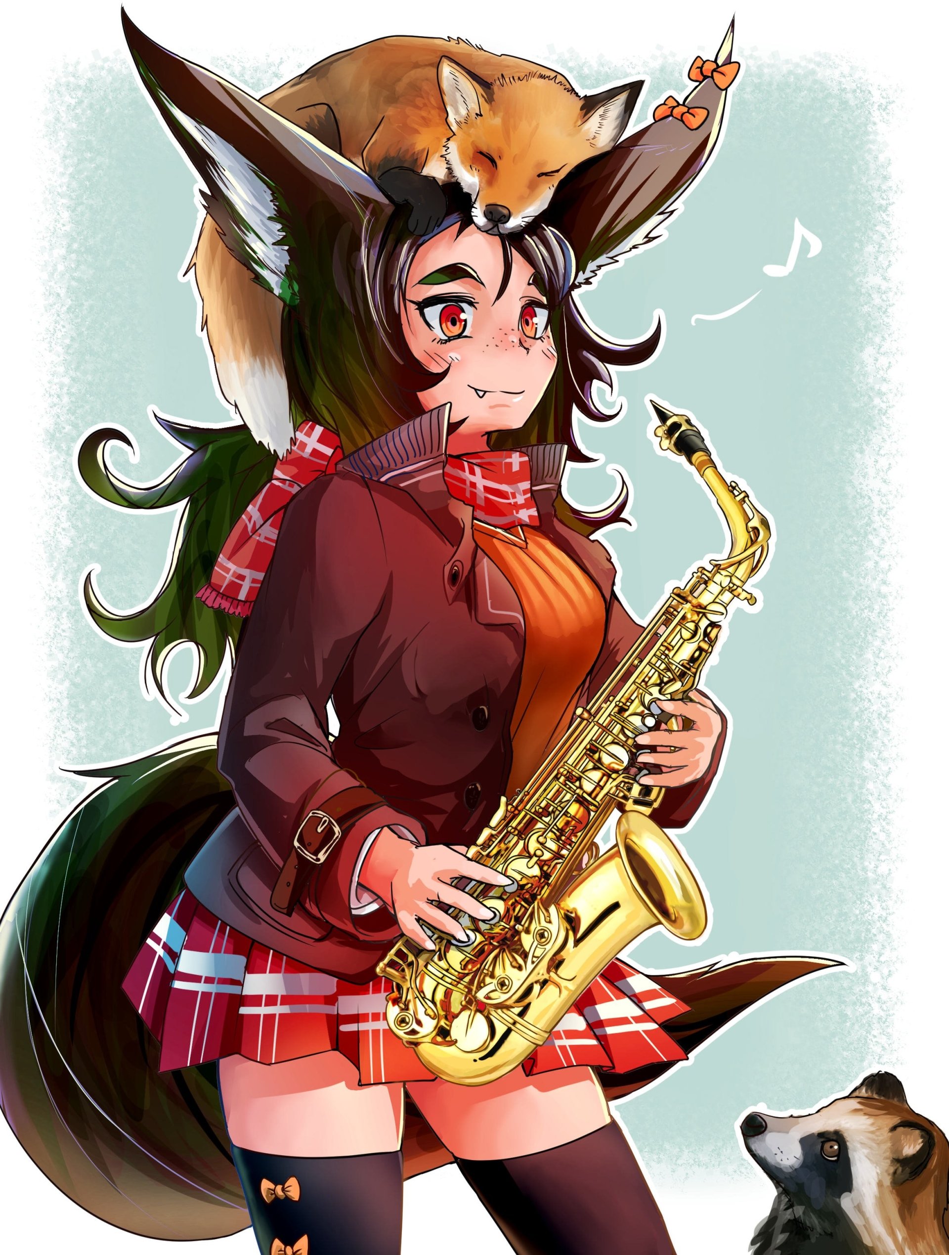 Download Red Eyes Tail Animal Ears Saxophone Skirt Fox Anime Original Art