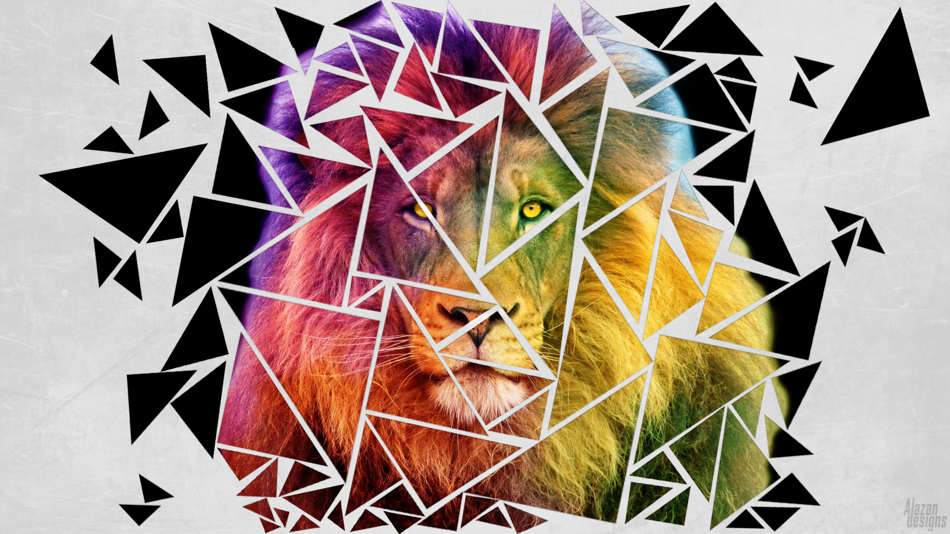 Colorful animal — a lion portrait formed from interlocking triangular shards, its rainbow mane breaking into scattered black triangles.