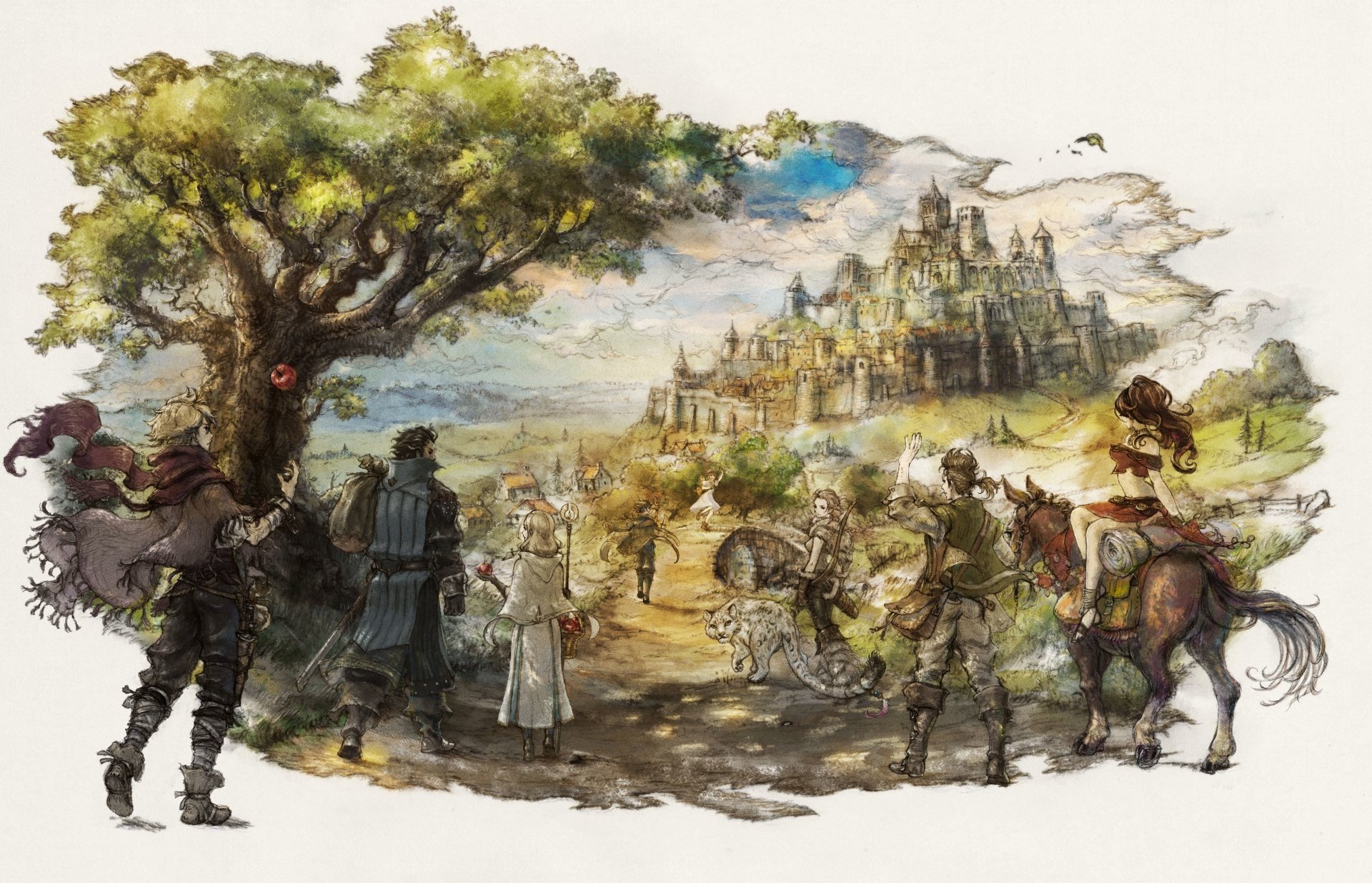 Illustration from the video game Project Octopath Traveler: Primrose Azelhart and Olberic Eisenberg stand on a road with horses, overlooking a bustling town and sweeping countryside.
