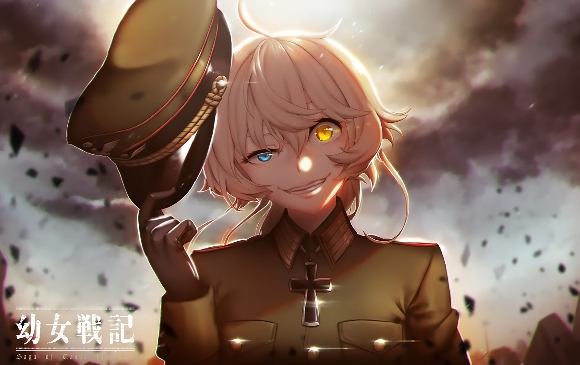 Tanya Degurechaff from The Saga of Tanya the Evil, holding a military hat with a confident smile, set against a dramatic, cloudy background.
