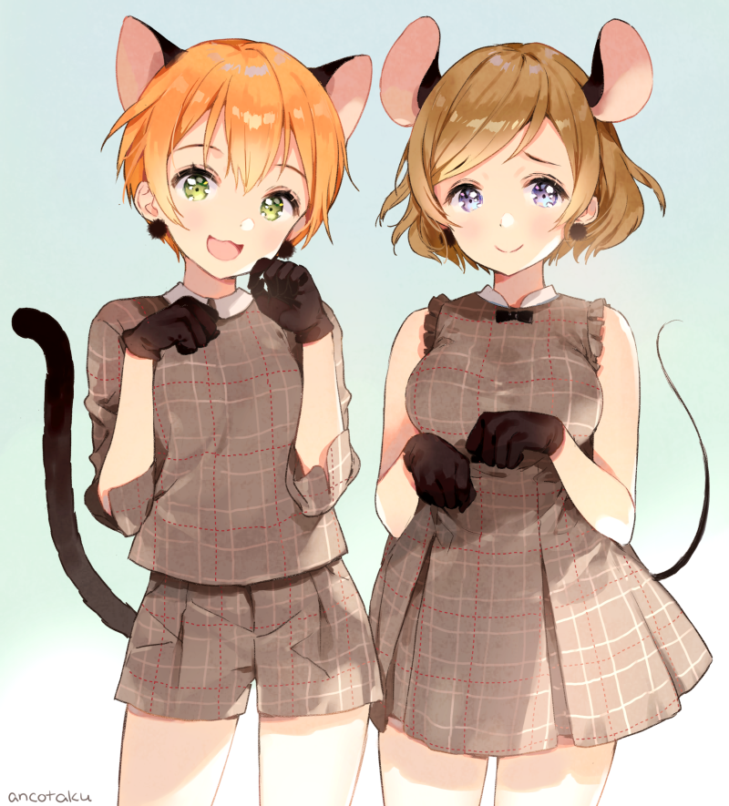 Rin Hoshizora and Hanayo Koizumi from Love Live!: short-haired nekomimi duo in matching plaid outfits with cat ears, tails and gloves, smiling.