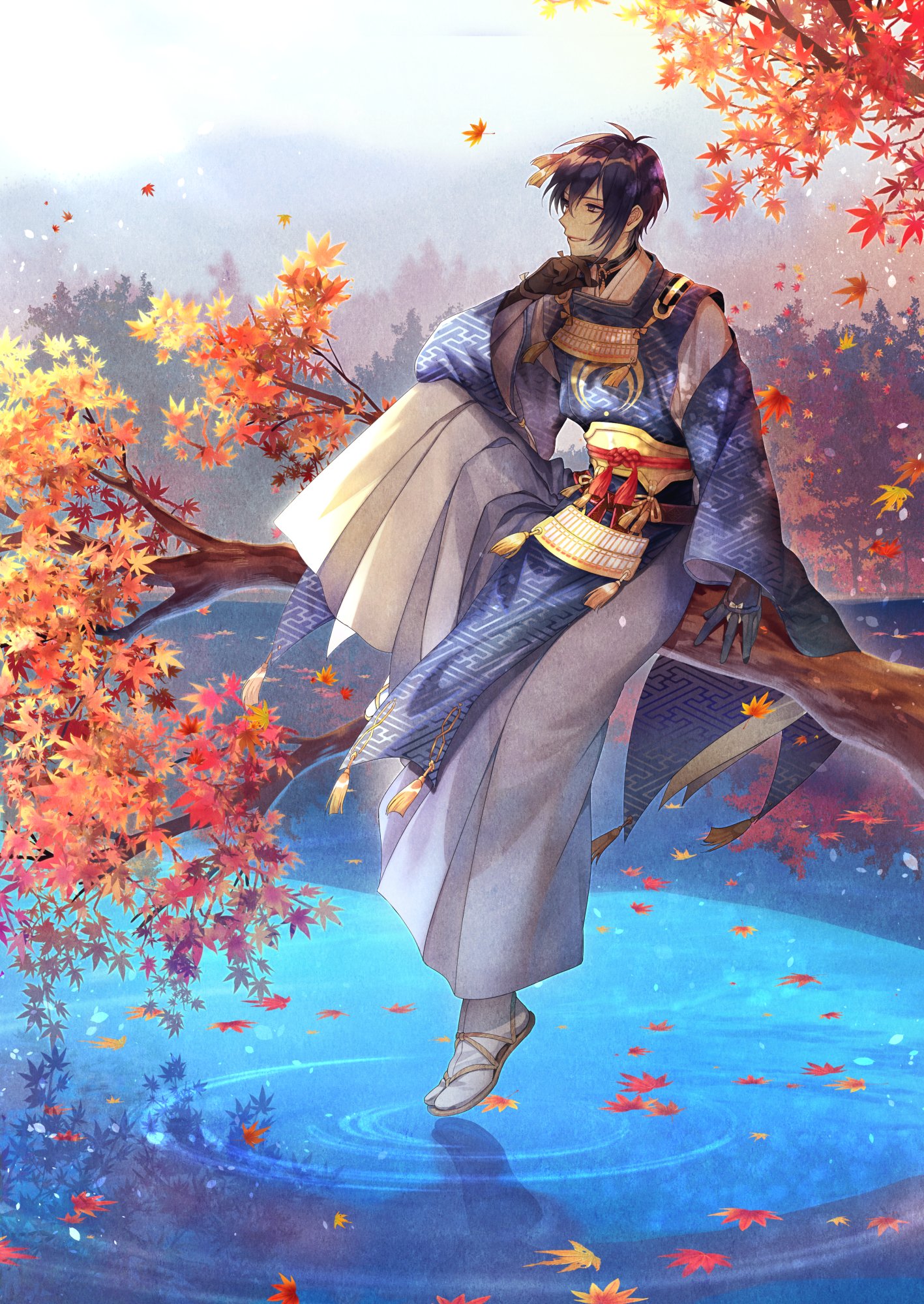 Download Tree Leaf Fall Water Mikazuki Munechika Anime Touken Ranbu Autumn Anime Art