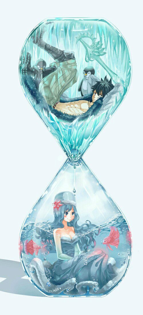 Anime scene featuring Juvia Lockser underwater with fish and Gray Fullbuster frozen in ice inside an hourglass, inspired by Fairy Tail characters and themes.