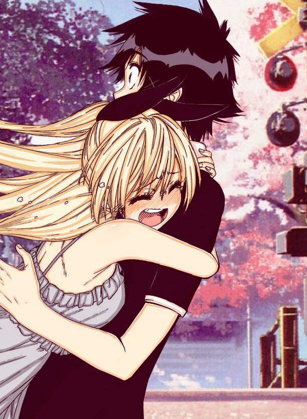 Anime Nisekoi: tearful blonde girl joyfully hugging a dark-haired boy beneath cherry blossoms in an emotional embrace.