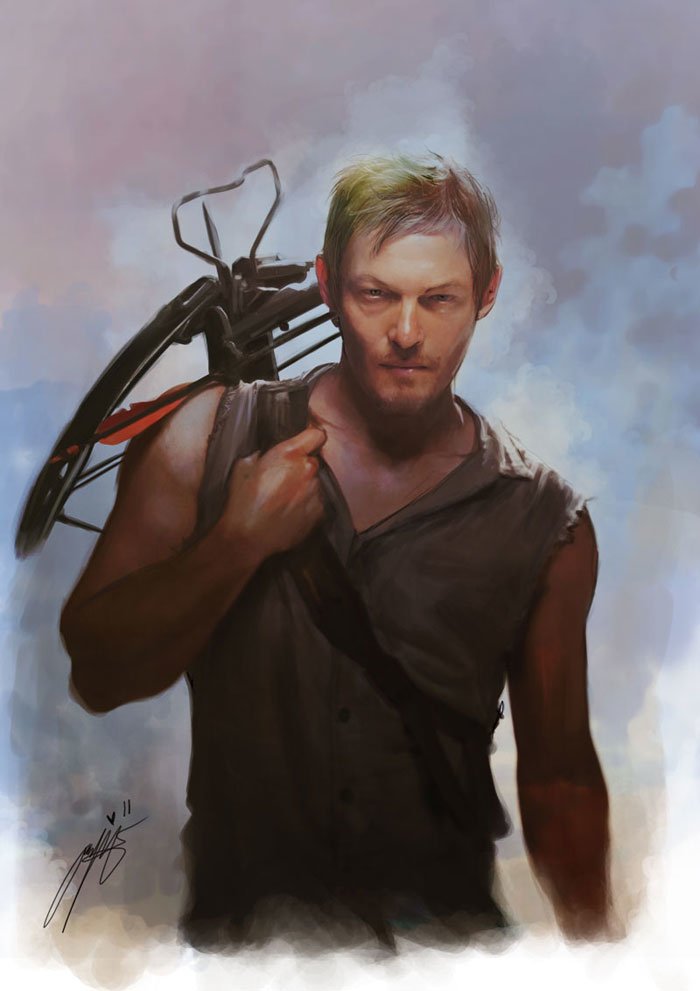 Daryl Dixon from the TV show The Walking Dead, carrying his crossbow over a shoulder, grim expression and weathered sleeveless shirt.