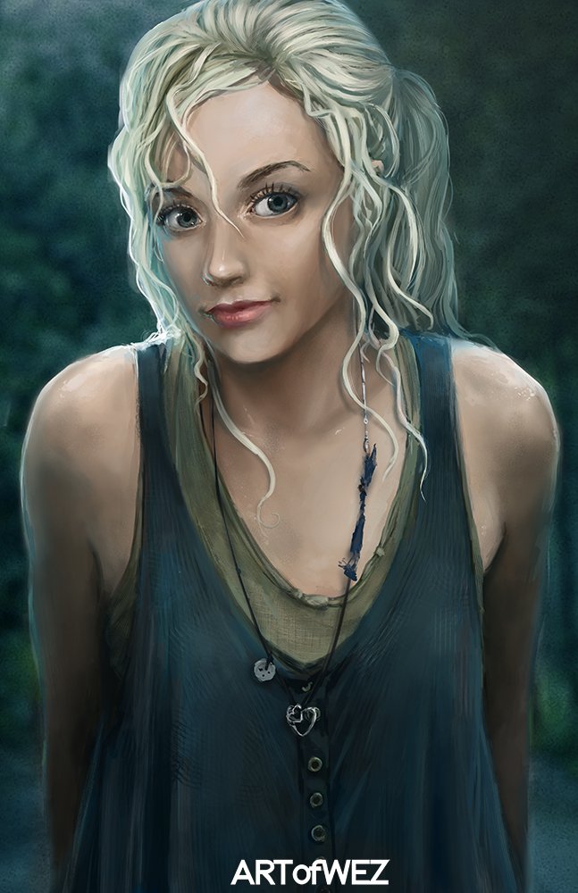 Fan-art portrait of a young blonde survivor from the TV show The Walking Dead, wearing layered tank tops and a pendant in a misty forest.