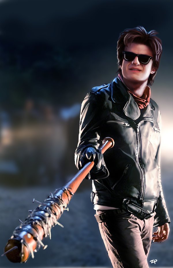 A leather‑jacketed character from the TV show Stranger Things, wearing sunglasses and wielding a barbed baseball bat at night, standing in a confident pose against a blurred suburban backdrop.
