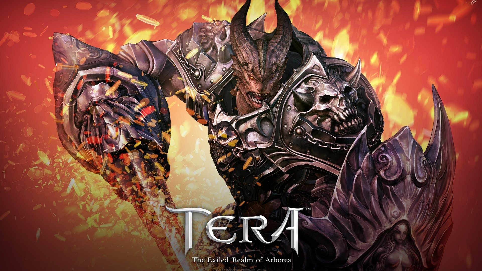 Promotional art for the video game TERA: a horned, armored demon warrior brandishes a flaming greatsword and spiked shield amid flying embers.