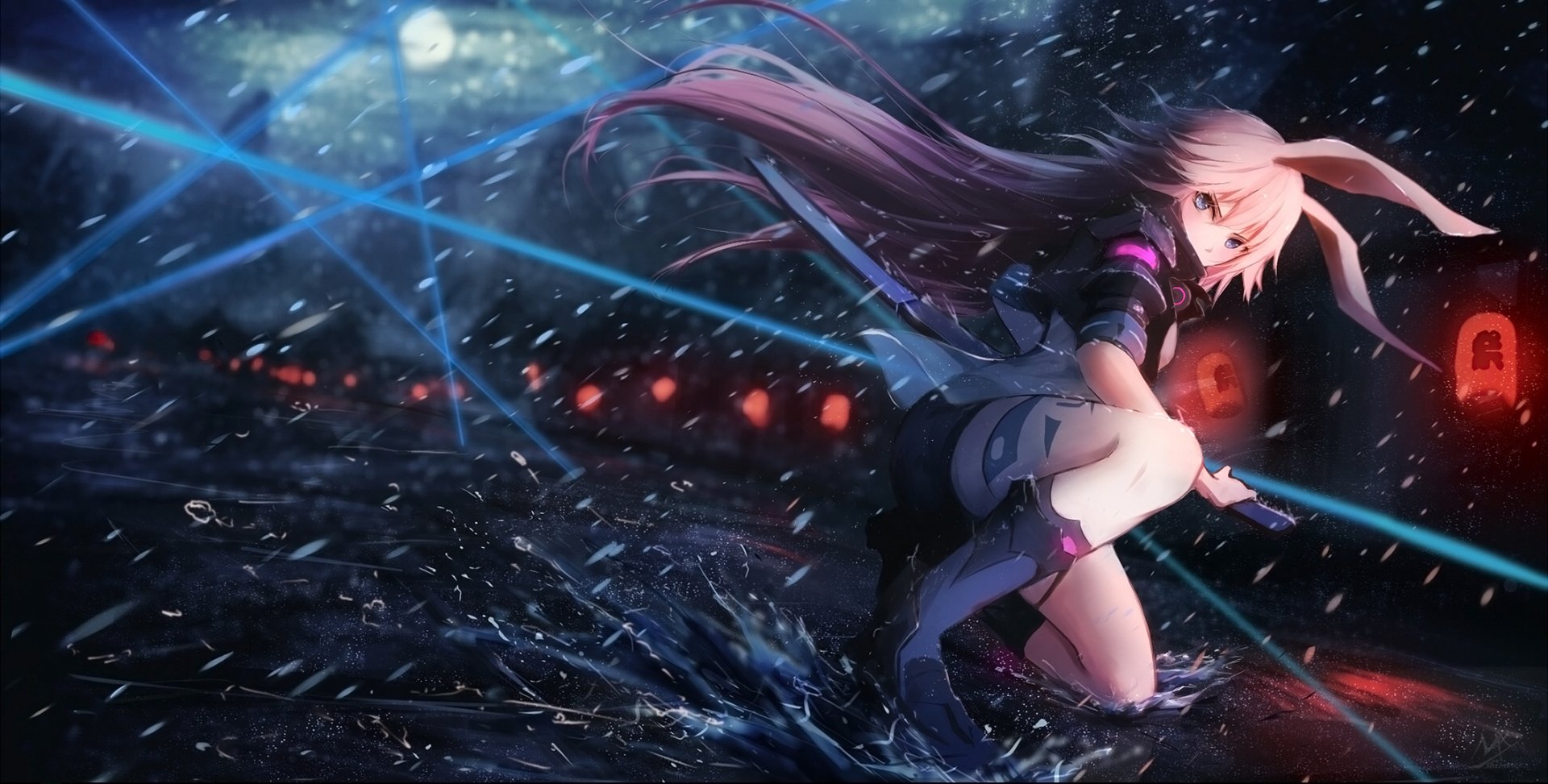 Yae Sakura (Benghuai Xueyuan) kneels on shattered ground amid streaking blue light beams and floating debris, long pink hair and kimono-style outfit, red lanterns glowing in the background.