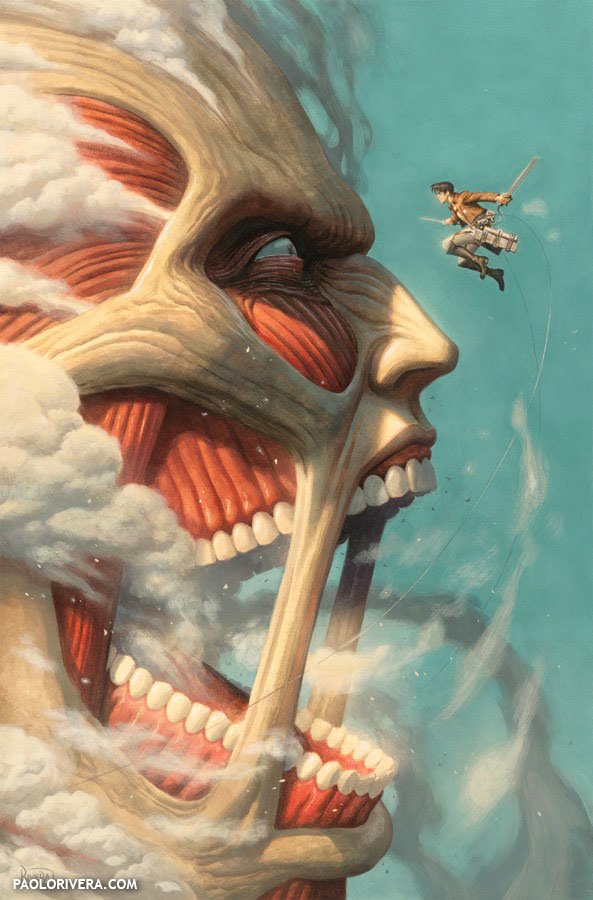 Attack on Titan anime scene: a soldier with vertical maneuvering gear hurtles toward the Colossal Titan's gaping, tooth-filled mouth amid swirling clouds.