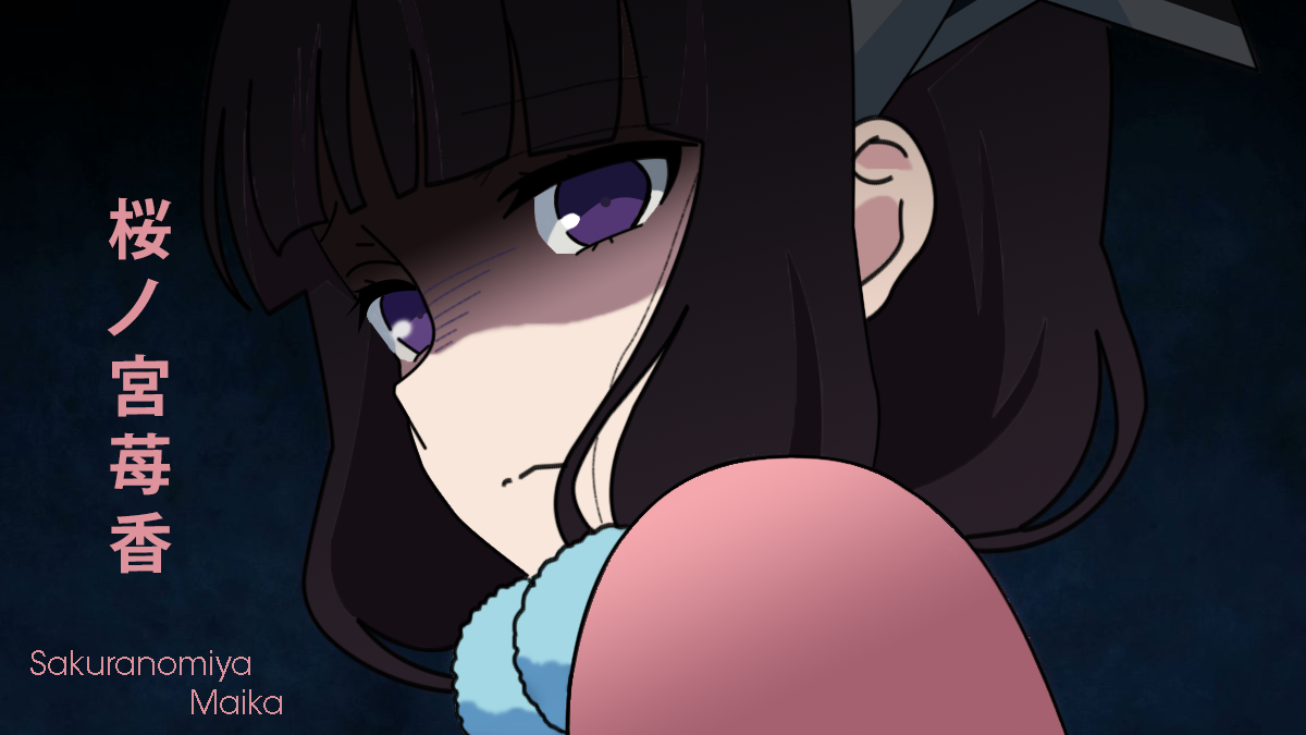 Maika Sakuranomiya from Blend S close-up: dark bob and purple eyes shaded over her face, wearing a pink-and-blue maid outfit, with a quiet, serious expression.