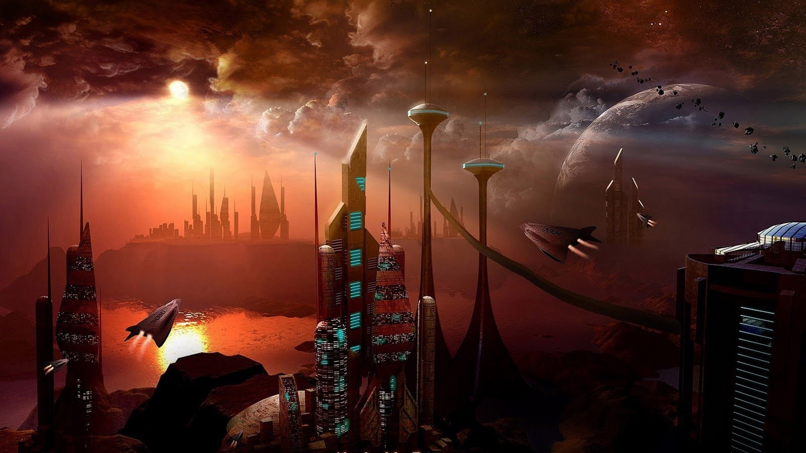 A striking sci-fi landscape features futuristic skyscrapers under a dramatic sky, with spaceships soaring above a shimmering body of water and distant planets visible on the horizon.