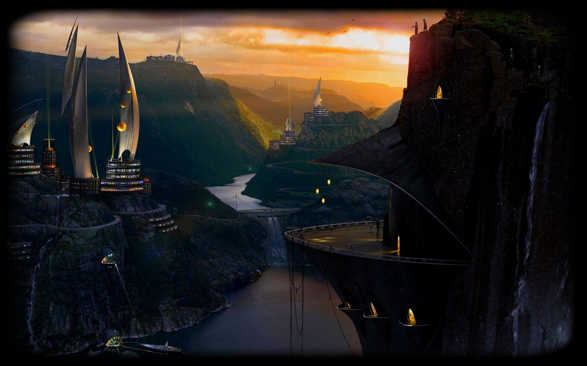 A fantasy cityscape at sunset features towering ships with sails, nestled between steep cliffs along a winding river.