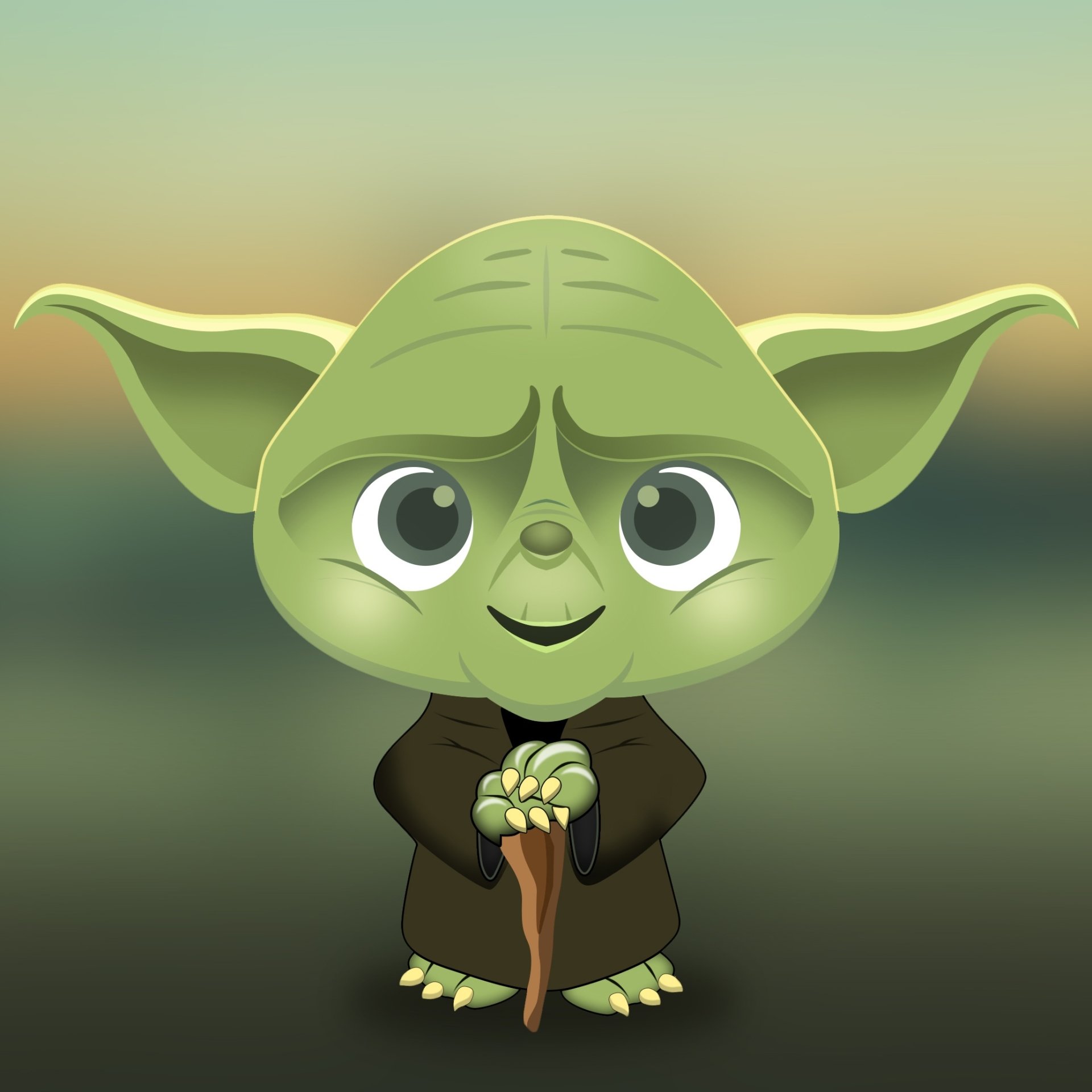 Illustration of Yoda from Star Wars, a small green alien with large ears, holding a wooden cane against a soft gradient background in a sci-fi style.