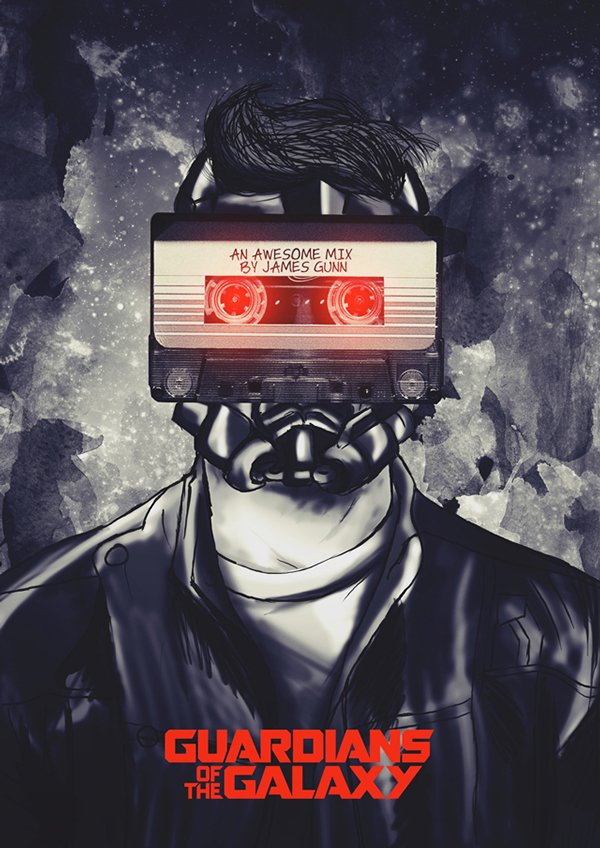 Stylized movie poster of Star-Lord from Guardians of the Galaxy: leather-jacketed figure with a cassette-tape Walkman as a mask, “An Awesome Mix” tape and red title below.
