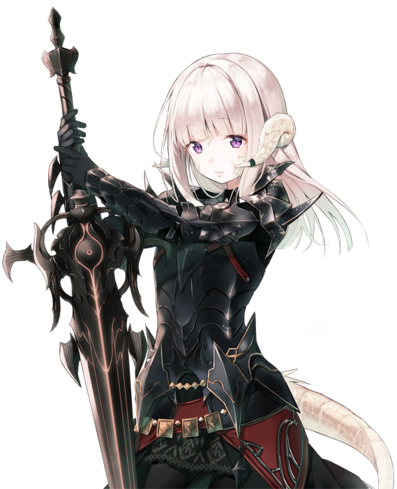 White-haired, horned Dark Knight from the video game Final Fantasy XIV with purple eyes, clad in black armor and wielding an ornate greatsword.