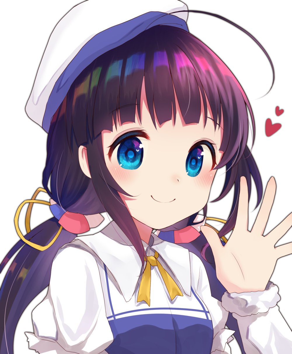 Ai Hinatsuru from The Ryuo's Work Is Never Done! — anime portrait of a girl with long dark hair, bright blue eyes, sailor-style outfit, waving hand and a small red heart beside her.