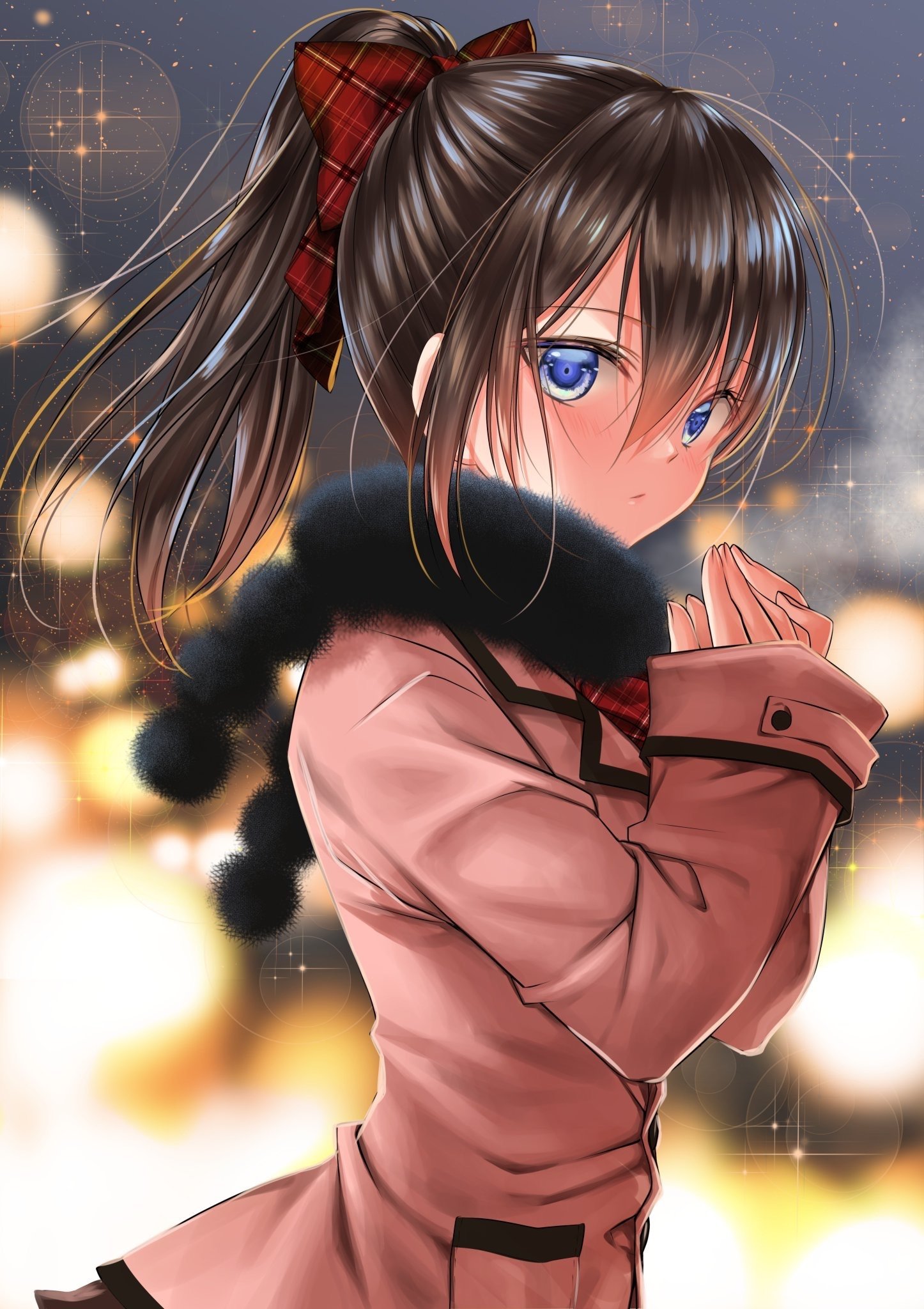 Anime girl with striking blue eyes, dark brown hair tied with a red ribbon, wearing a pink coat and black scarf, set against a blurred, glowing background.