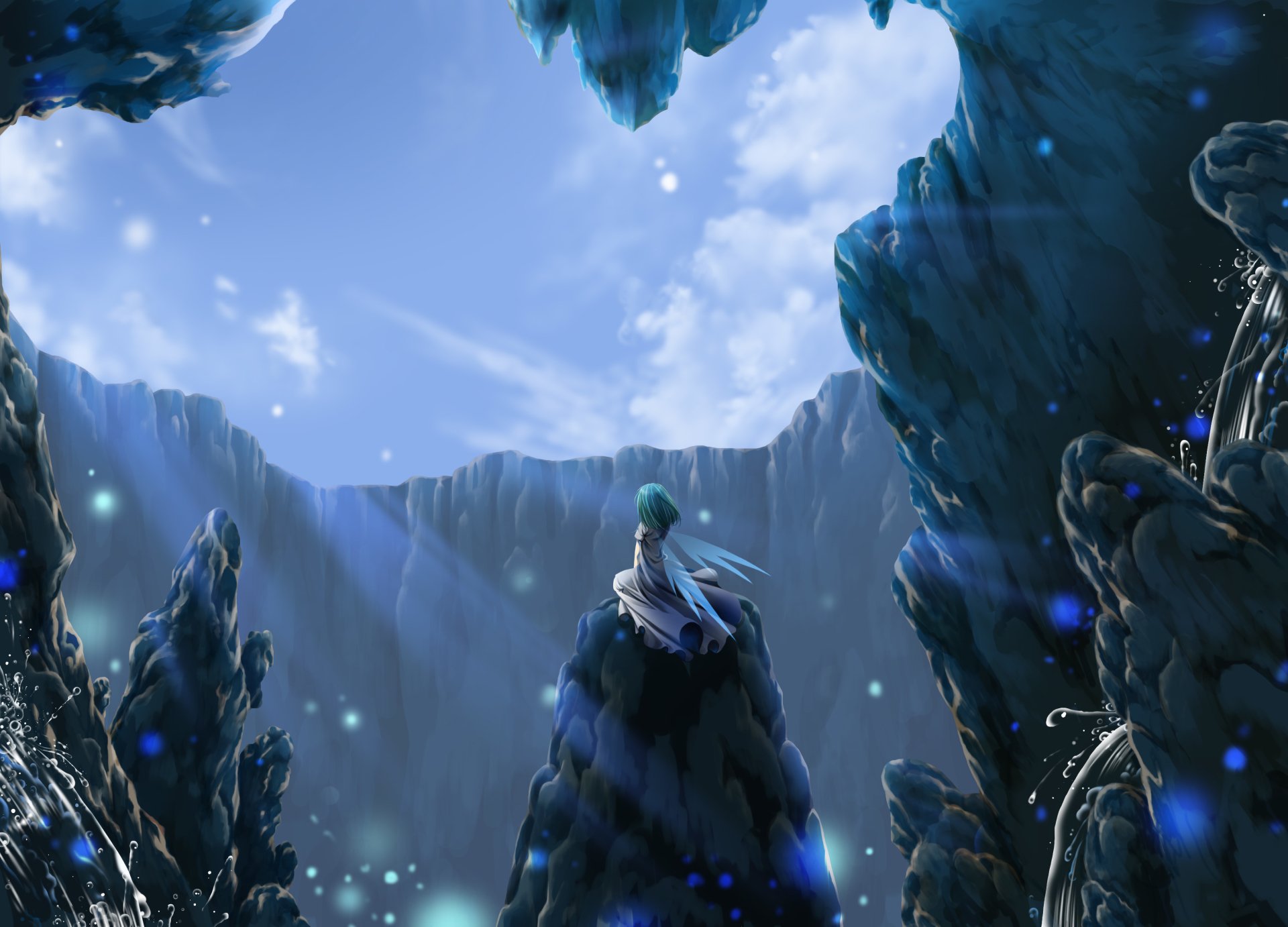 Anime-style original artwork featuring a character with short hair sitting on a rocky peak, surrounded by towering cliffs under a bright blue sky.