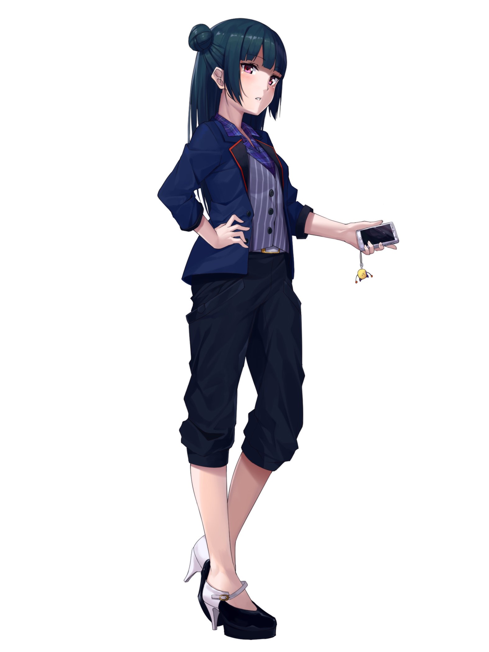 Yoshiko Tsushima from Love Live! Sunshine!! stands confidently with long dark hair, red eyes, dressed in a stylish outfit, holding a phone in her hand.