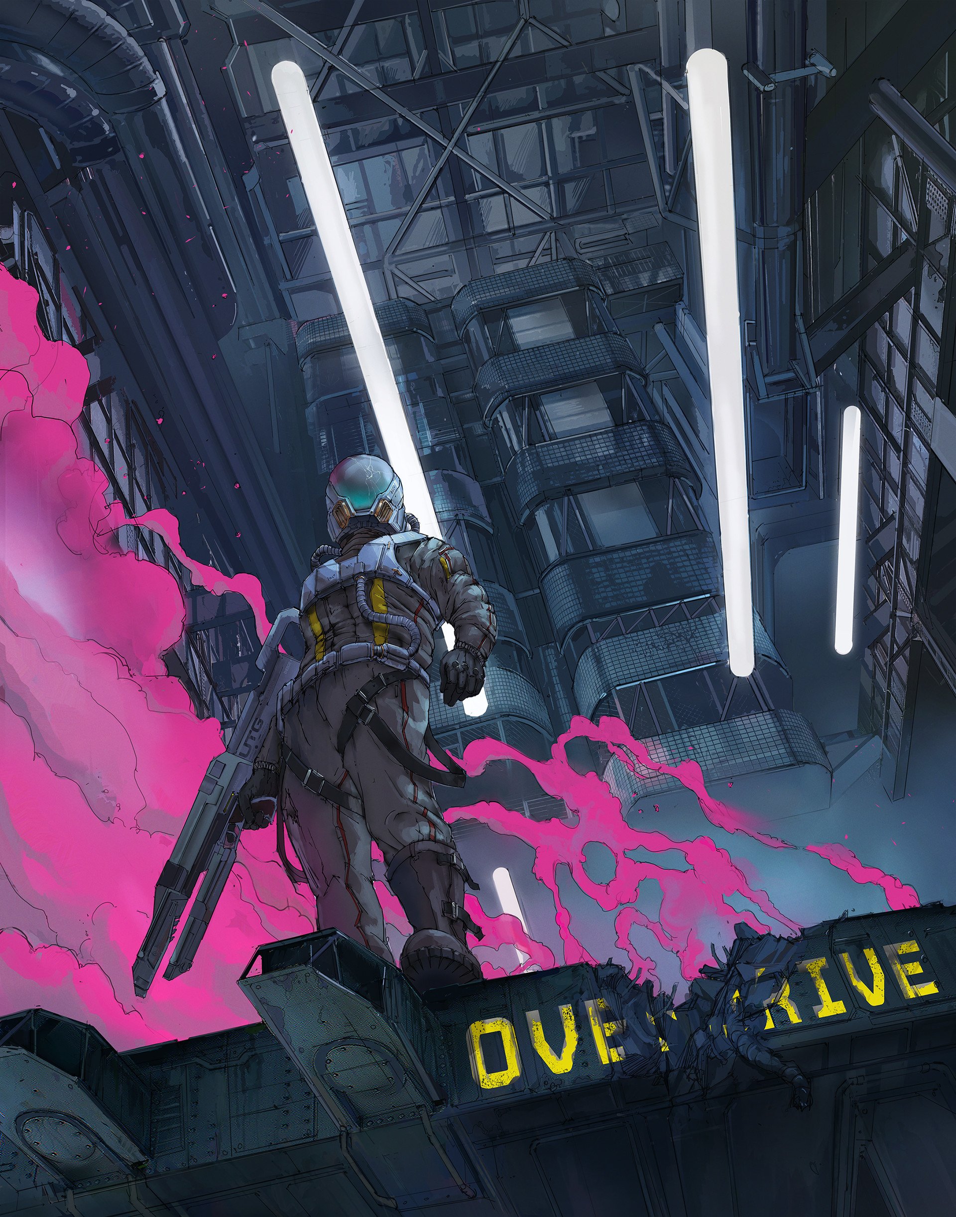 Futuristic sci-fi cyberpunk scene: armored, helmeted soldier with rifle stands on a rooftop ledge above a glowing OVERDRIVE sign amid neon pink smoke and industrial lights.