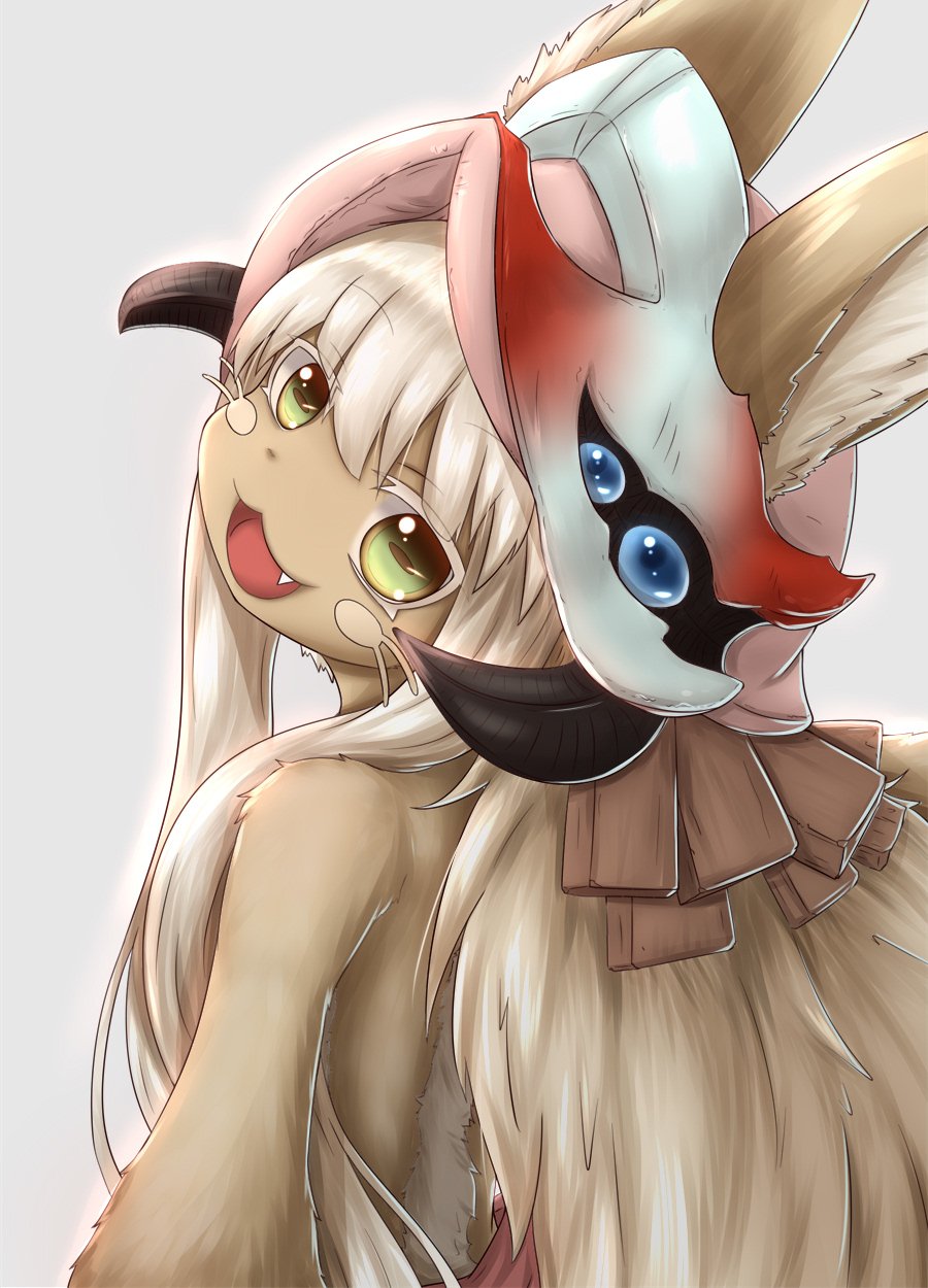 Anime-style portrait of Nanachi (Made in Abyss) with long white hair, large green eyes, animal-like ears, a decorative mask on her head, and a playful smile over her shoulder.