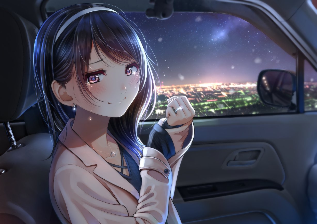 An anime girl with tears in her eyes sits inside a car at night, her expression a mix of sadness and contemplation against a glowing cityscape backdrop.
