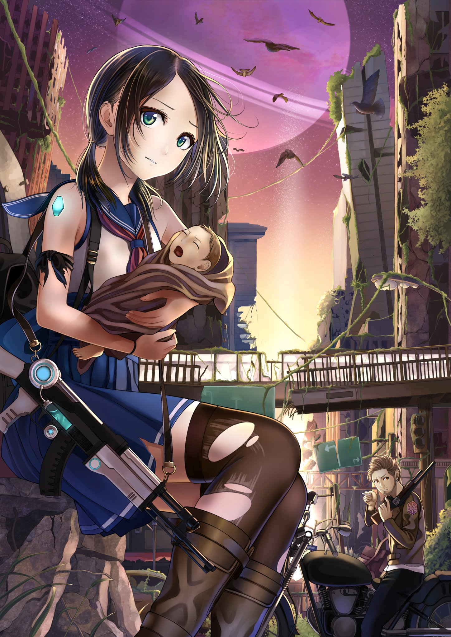 Anime warrior girl with a gun cradles a baby in a post-apocalyptic cityscape as bats fly under a glowing purple sky.