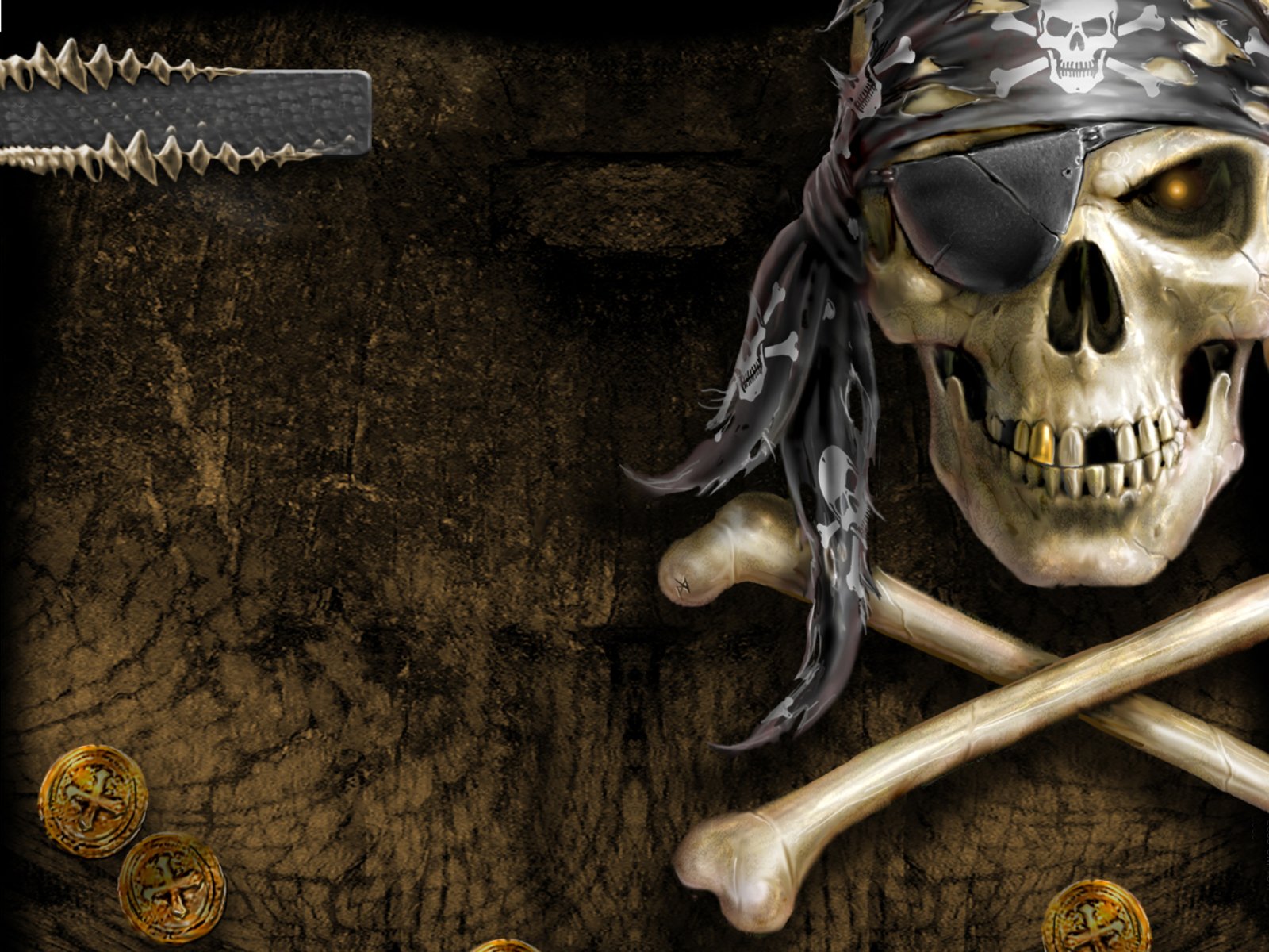 A fantasy pirate skull wearing a bandana and eyepatch with crossed bones beneath, set against a dark textured background with scattered gold coins and a sword blade.