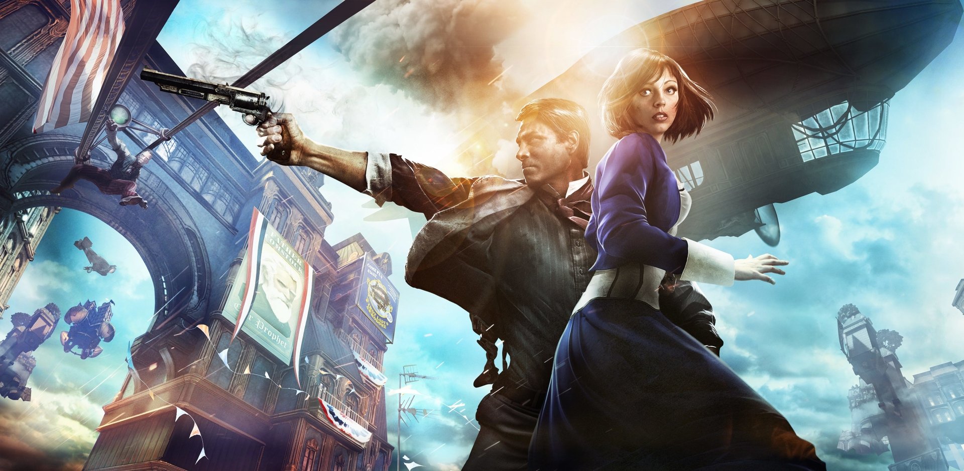 A dramatic scene from *BioShock Infinite*, featuring two central characters in a dynamic pose amidst a vibrant, steampunk-inspired backdrop, capturing the game's immersive atmosphere.