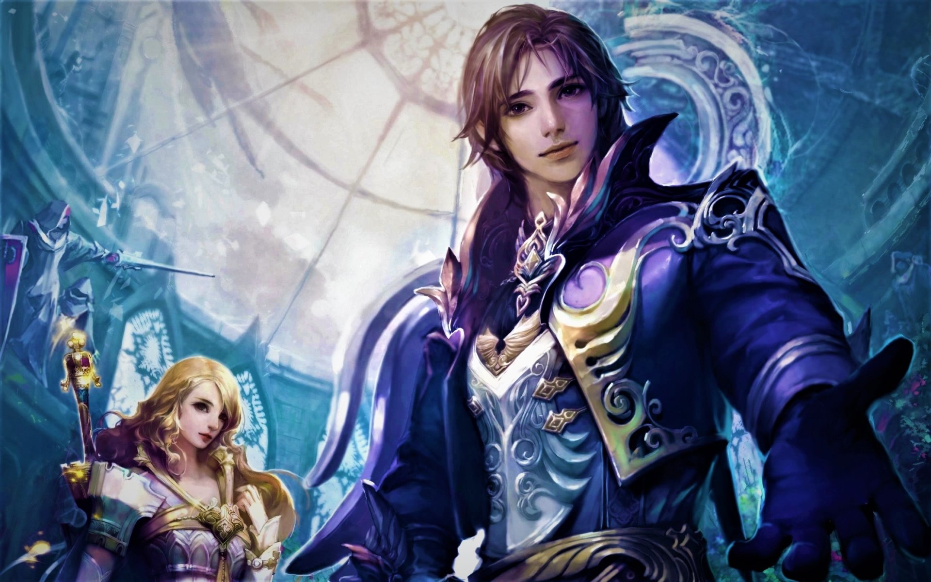 A dynamic fantasy scene from the video game Aion: Tower of Eternity, featuring a male character in ornate armor and a female character with enchanting attire against a mystical background.
