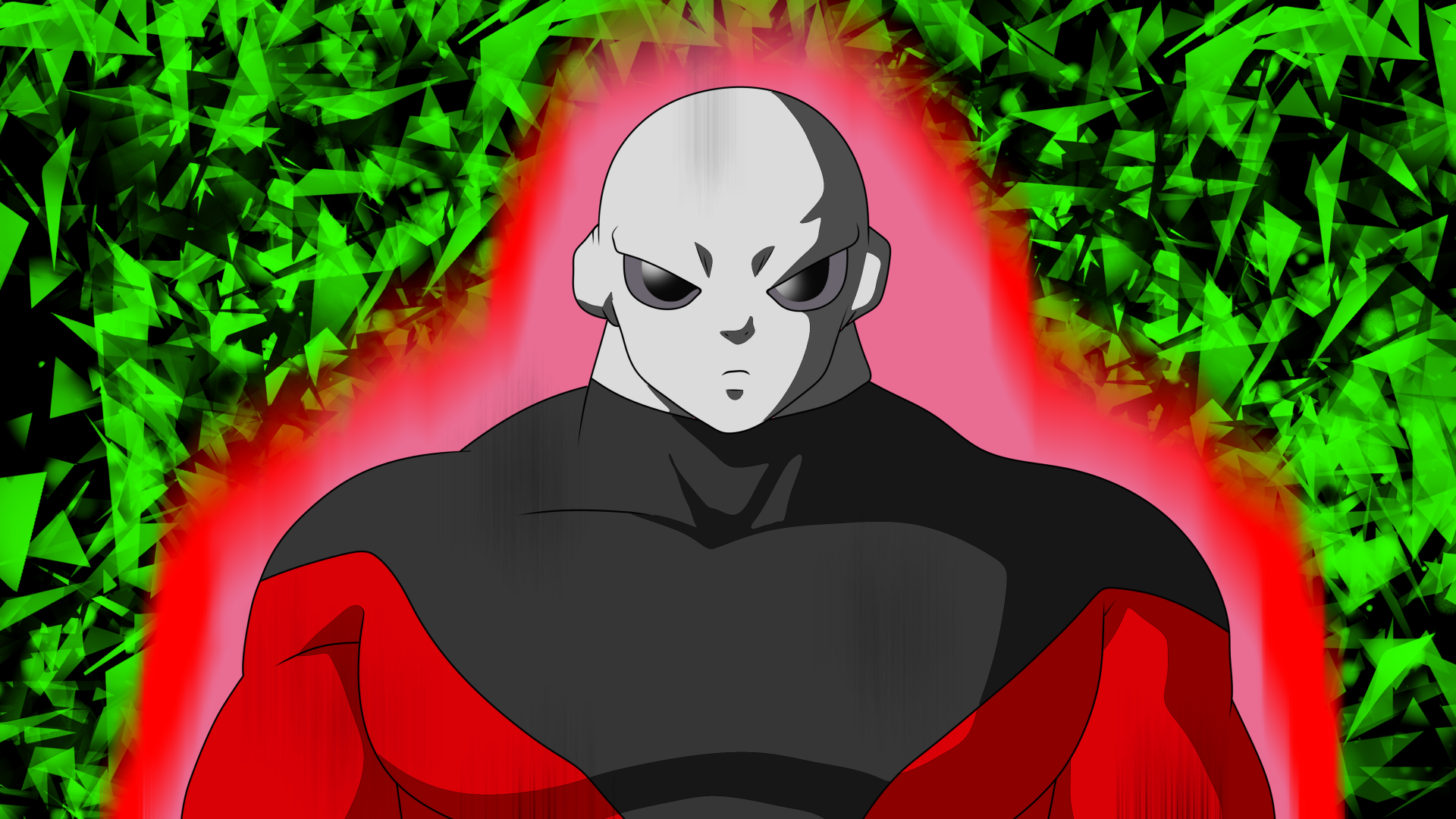 Jiren from Dragon Ball Super stands with a stoic expression, outlined by a red aura against a vibrant green textured background in this anime-style artwork.