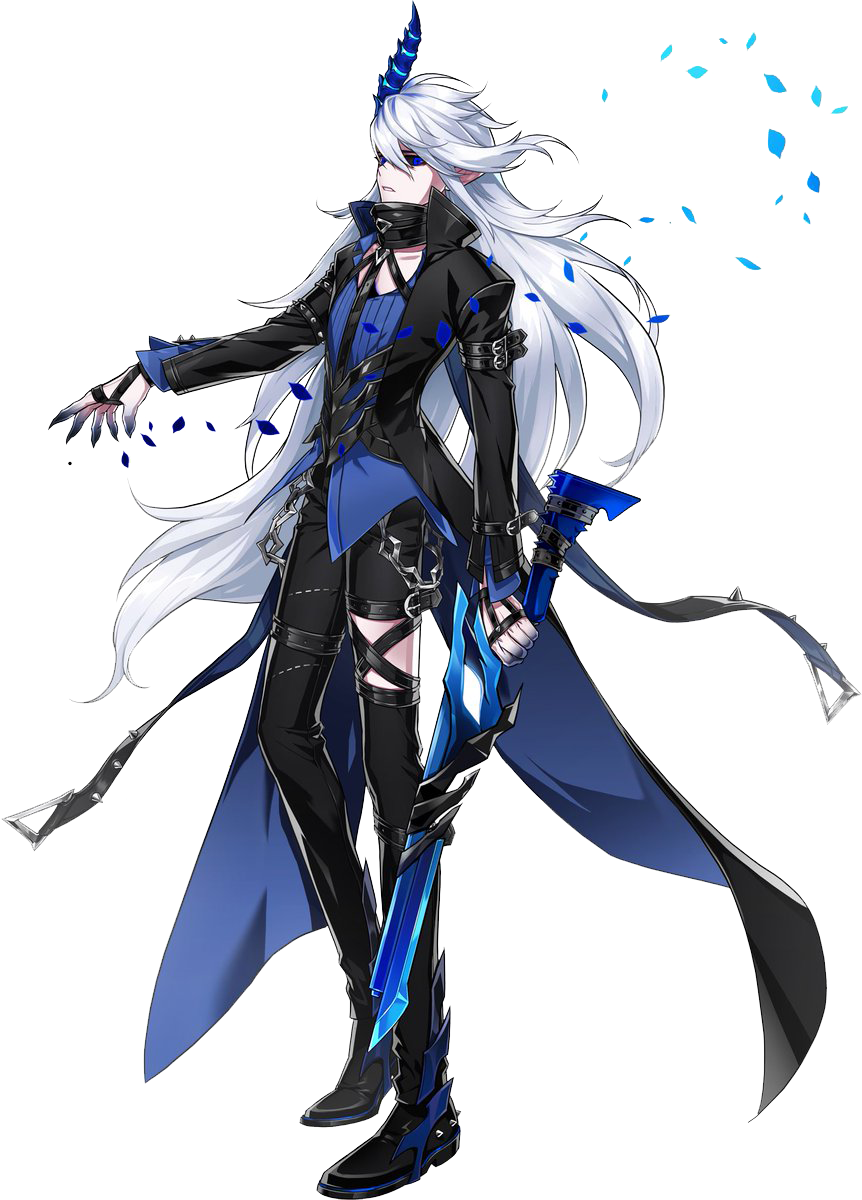 Ciel from the video game Elsword, with long white hair, striking blue eyes, dressed in black and blue, wielding a glowing blue weapon.