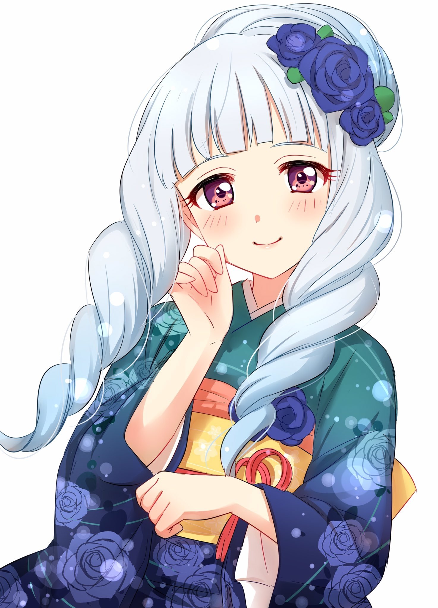 Lilie Shirogane smiles sweetly, adorned in a floral kimono. Her long, bluish hair is accentuated with roses, embodying the charm of Aikatsu! in a vibrant, anime style.