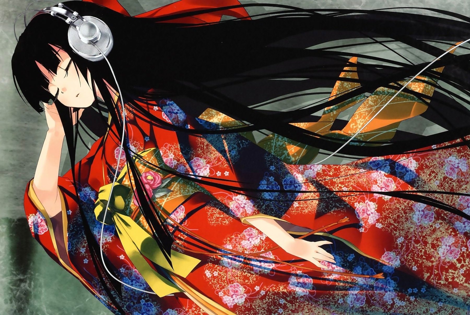 Anime-style illustration of a character from Jigoku Shōjo with long black hair, wearing headphones and a colorful kimono, set against a textured background.