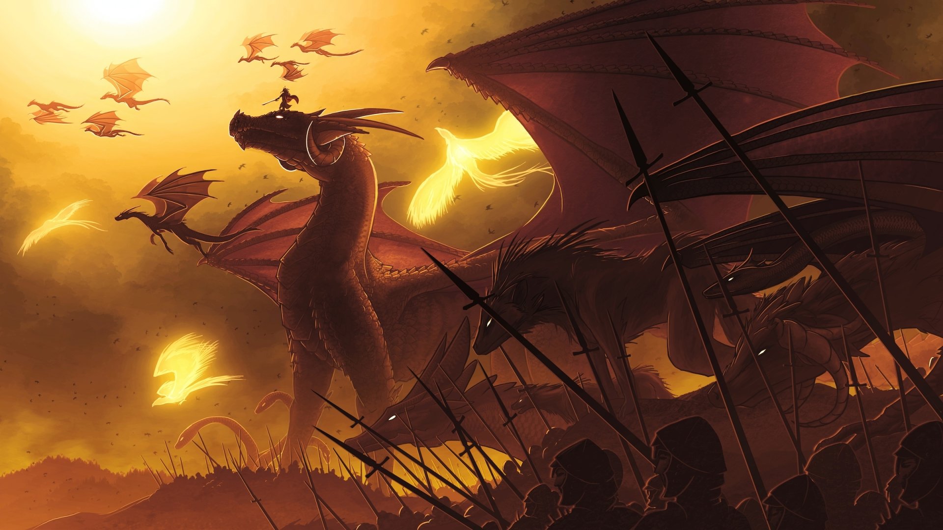 A dramatic fantasy scene featuring a colossal dragon amidst smaller dragons soaring in a fiery sunset, with silhouetted figures in the foreground preparing for battle.