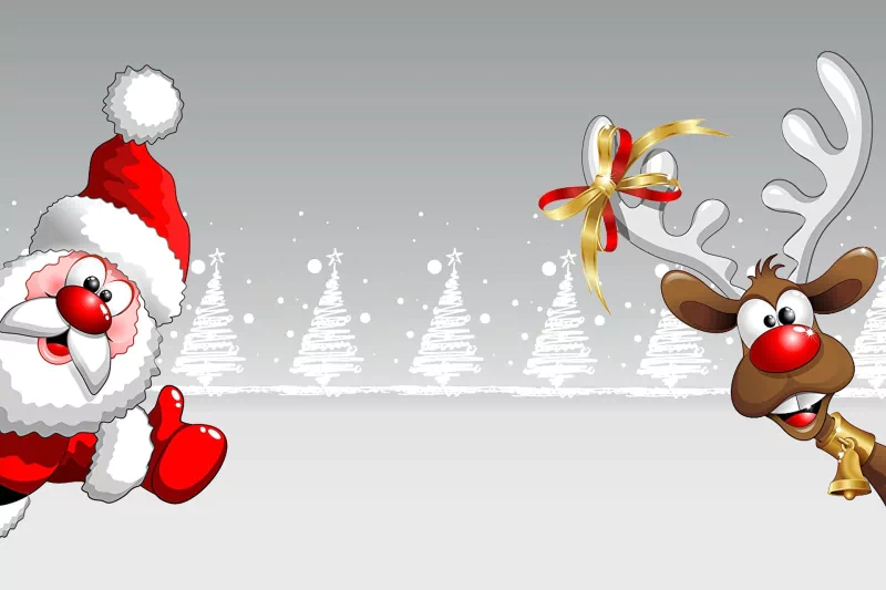 A cheerful Santa Claus and a playful reindeer celebrate the holiday season together, surrounded by snowy trees, capturing the festive spirit of Christmas.