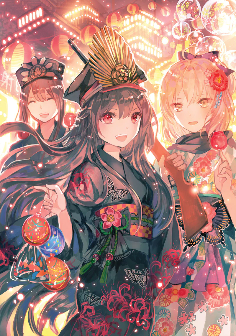 Crossover anime scene of Sakura Saber, Oda Nobukatsu, and Demon Archer (Fate/Grand Order) in ornate hats and kimonos, holding lanterns amid glowing festival lights.