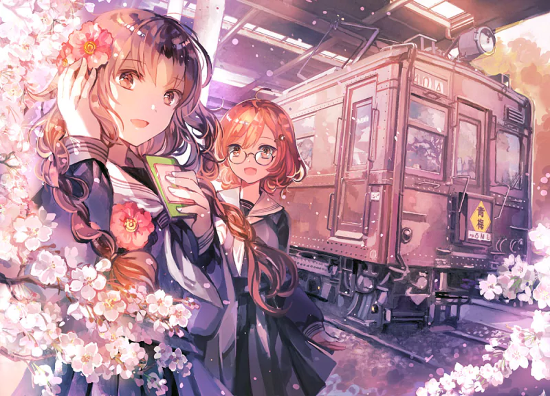 Two anime girls in uniforms stand by a railroad with a train, surrounded by blooming flowers; one has short hair and glasses, the other has long hair with a flower accessory.