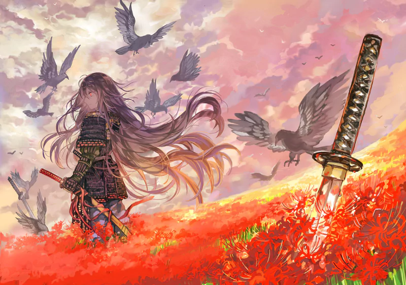 Demon archer from Fate/Grand Order stands among red flowers under a cloud-filled sky, surrounded by anime birds, with long hair flowing and a sword planted in the ground.