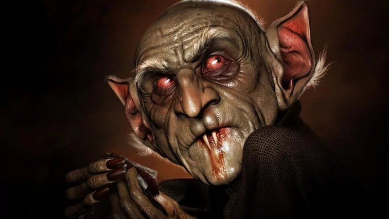 A dark, menacing vampire figure with elongated ears and glowing red eyes gazes intensely, blood-stained fangs bared, capturing a sinister and eerie ambiance.