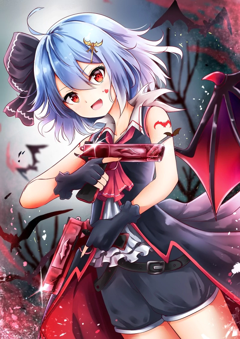 Anime-style Remilia Scarlet with short blue hair, red eyes, bat wings, and a cape, holding a red gun against a dark, eerie background.