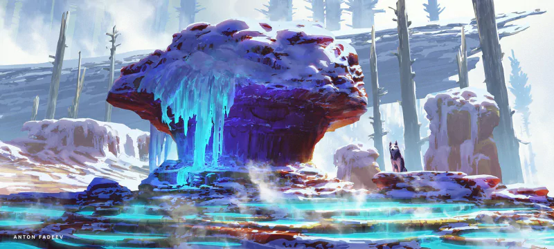 Surreal fantasy landscape of glowing mushroom-shaped ice formations and crystalline pillars rising above iridescent pools in a dreamlike frozen world.