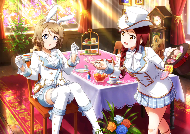 Love Live! characters You Watanabe and Riko Sakurauchi at a bright tea party: You with blue eyes and bunny ears, Riko with long red hair and a top hat, sharing desserts and flowers.
