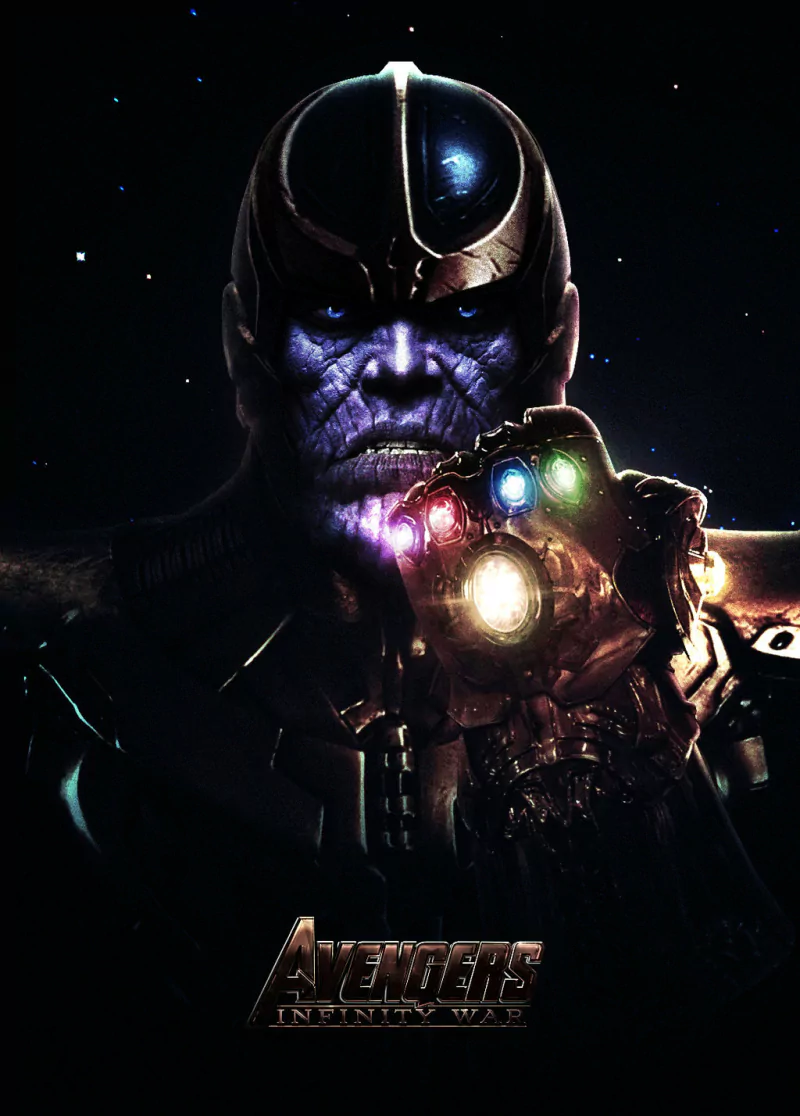 Thanos from the movie Avengers: Infinity War, looming in shadow and brandishing the glowing Infinity Gauntlet with all six Infinity Stones.